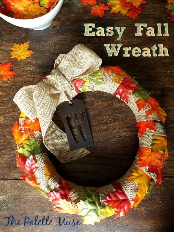 Simple fall wreath made with ribbon and leaves, no hot glue needed