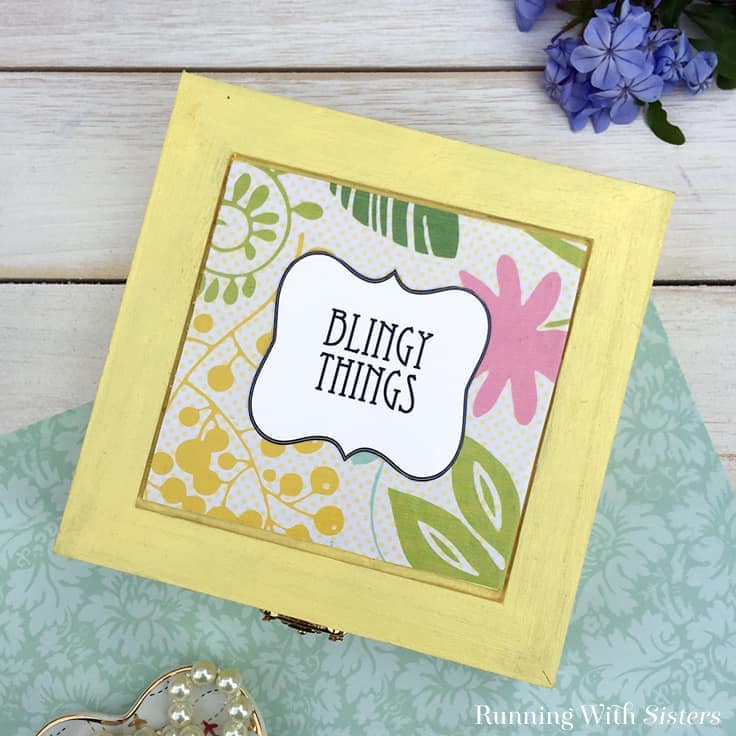 DIY Ideas With Shoe Boxes | decoupage jewelry box, scrapbook paper covered storage box with cute label