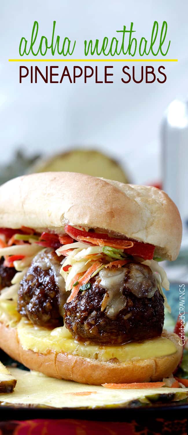 Aloha meatball sub sandwich with Hawaiian meatballs pineapple and pepper jack cheese