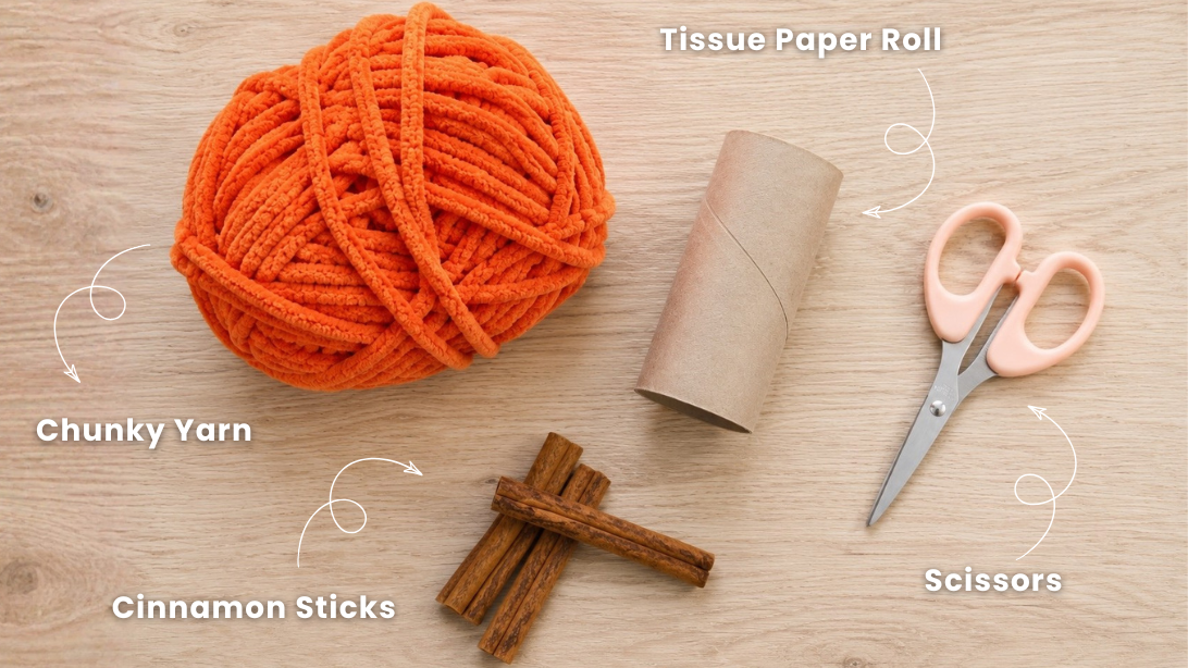Craft Supplies Needed - tissue paper roll, chunky chenille yarn, scissors, and cinnamon sticks