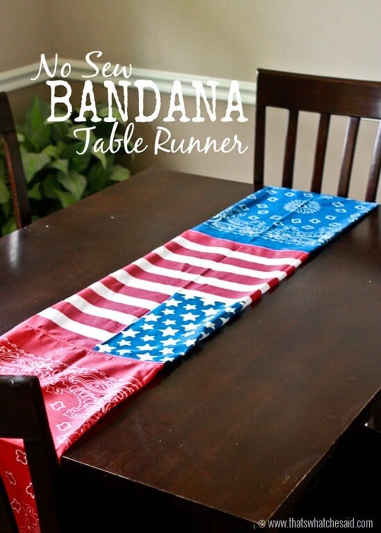 DIY Ideas With Bandanas - No Sew Bandana Table Runner - easy budget friendly craft project, two bandanas bound with ribbon for a quick patriotic table runner #diy #nosewcrafts #bandanacrafts