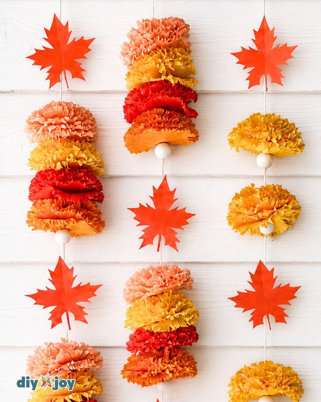 DIY Gifts Idea - crepe paper marigold garland hanging with paper leaves