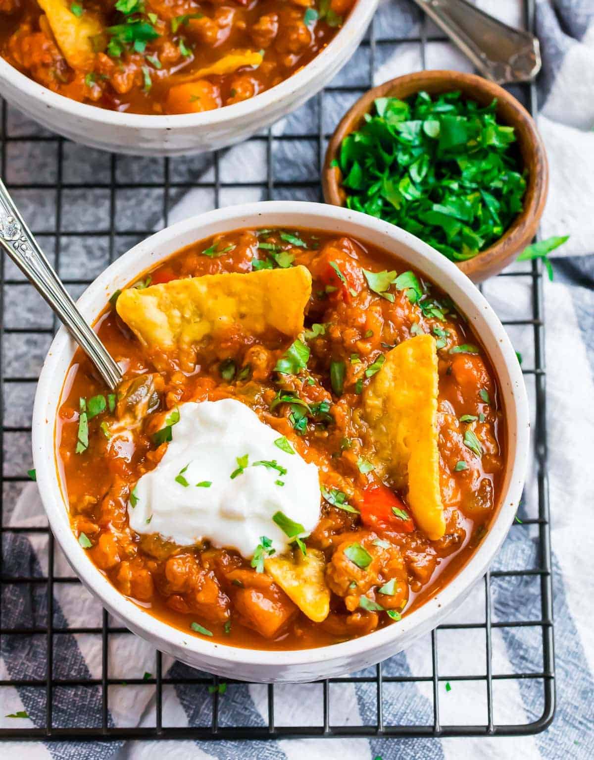 Hearty turkey and pumpkin chili with sweet potato and warm spices