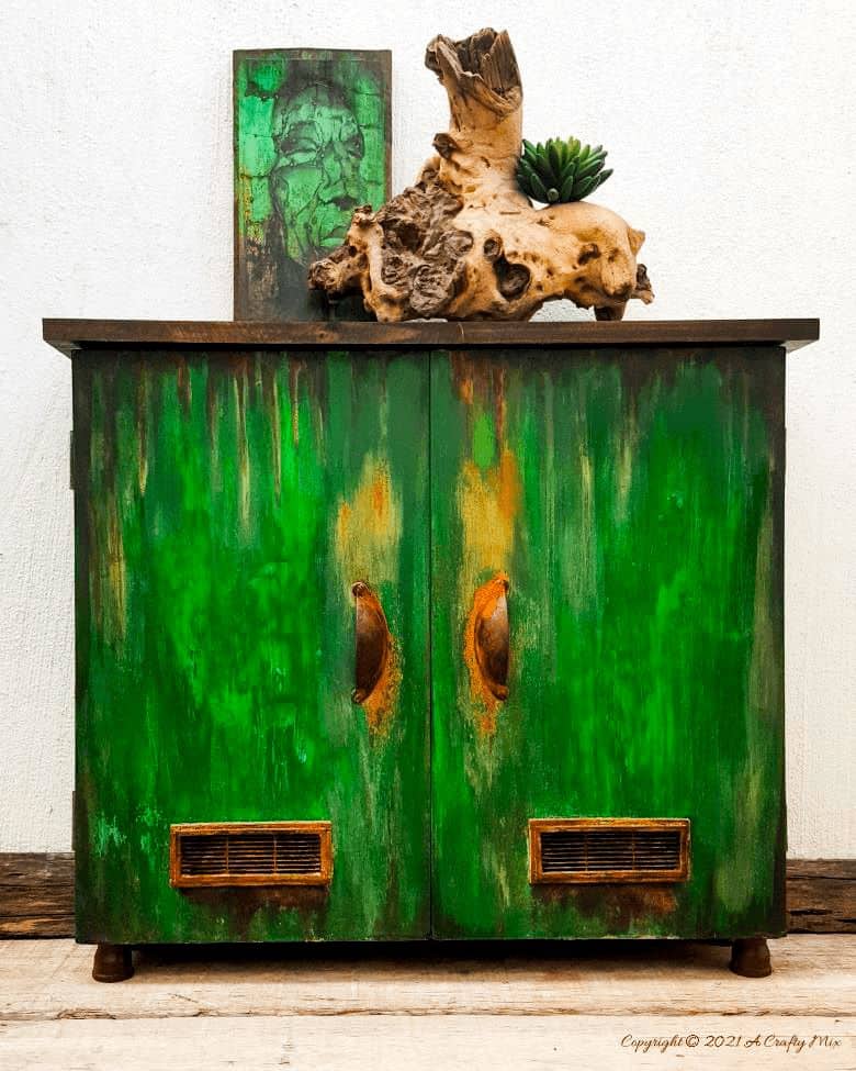 Furniture given a faux distressed metal paint finish with a rusty aged look, a metallic makeover technique