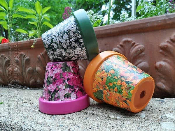 DIY Ideas With Shoe Boxes | seed packet decoupage clay pots, painted terra cotta pots with seed packet decor
