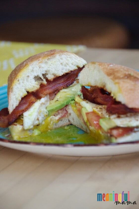 Breakfast sandwich with bacon, avocado and tomato, easy back to school breakfast