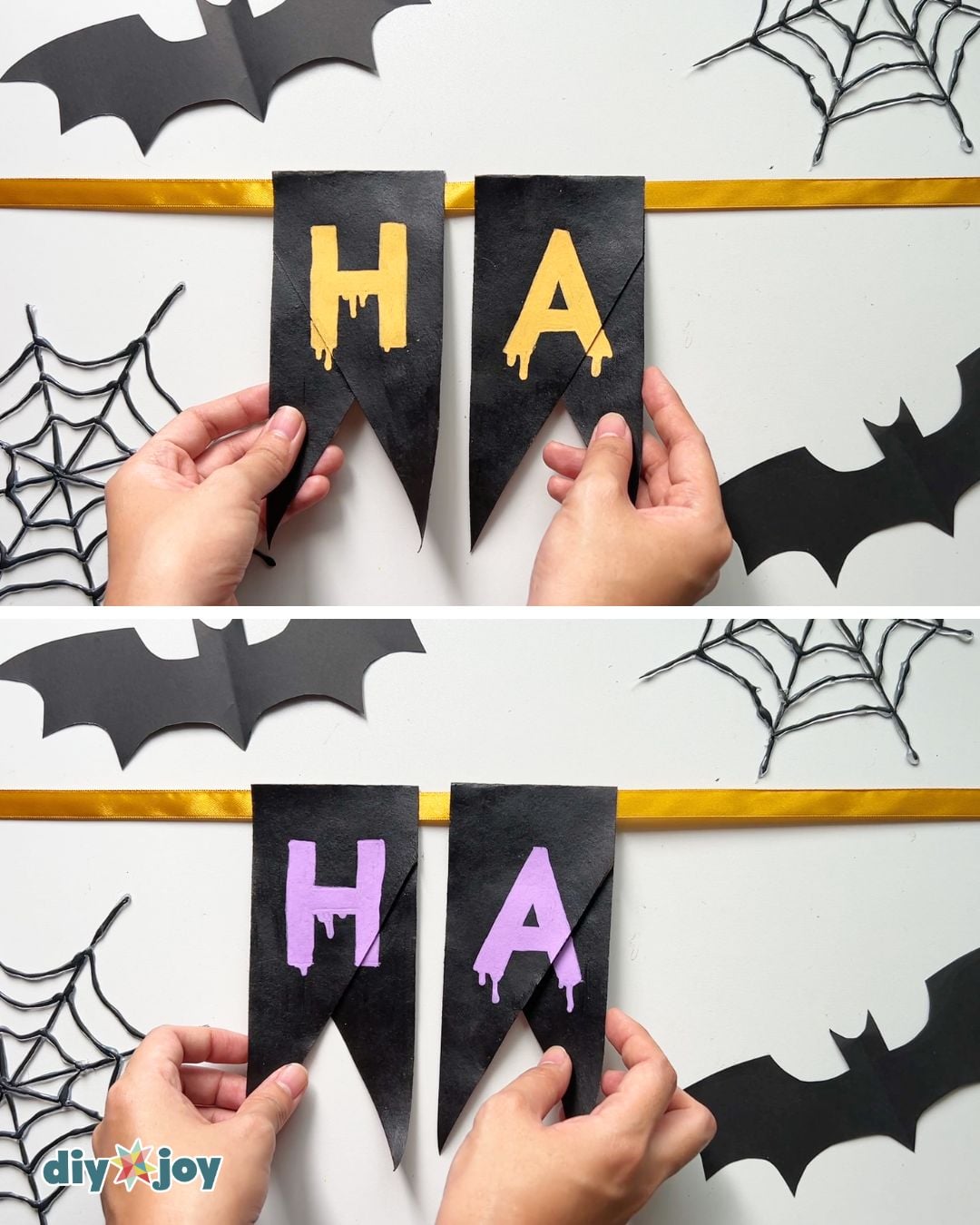 Step 4 of the Halloween banner tutorial - hanging the painted bunting pieces on a ribbon