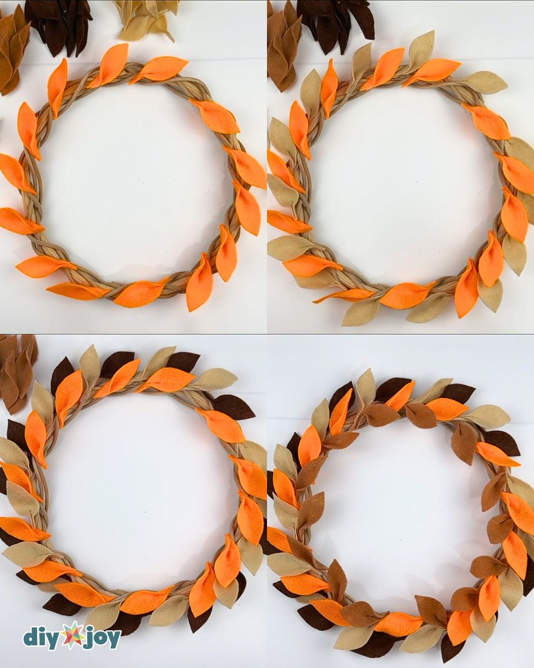 DIY fall wreath - gluing orange, light brown, and white felt leaves onto the wreath form