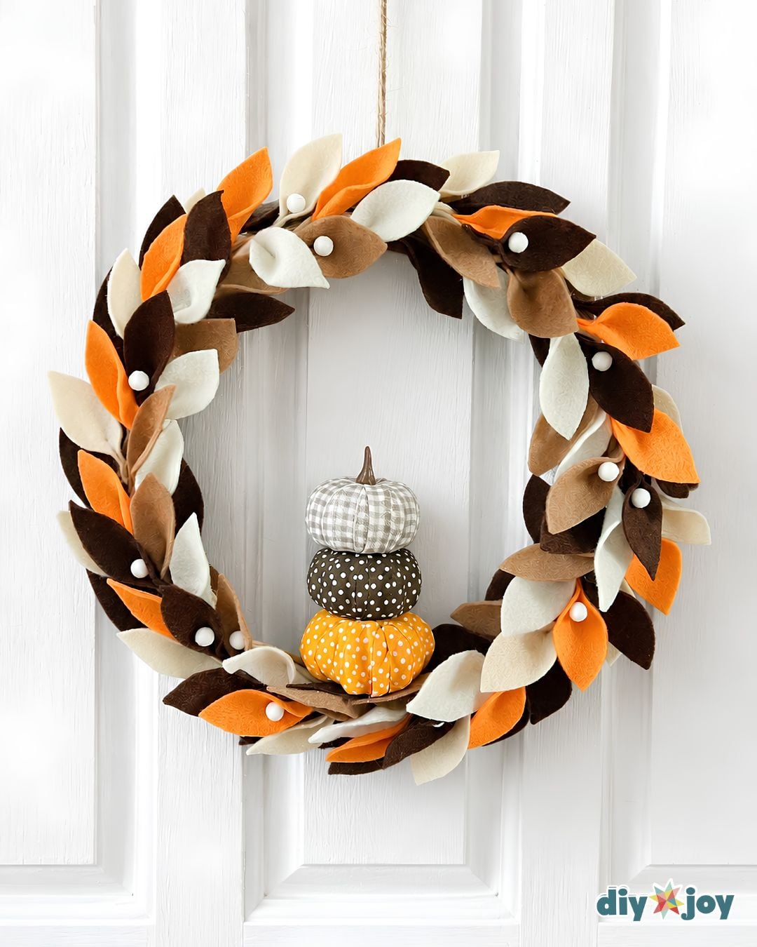 Fall wreaths for front door - finished felt leaf wreath with three stacked fabric pumpkins
