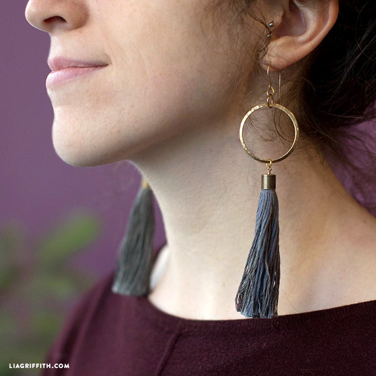 DIY hoop tassel earrings for Mom, a handmade gift idea with a gold hoop and hanging embroidery floss tassel to make and give.