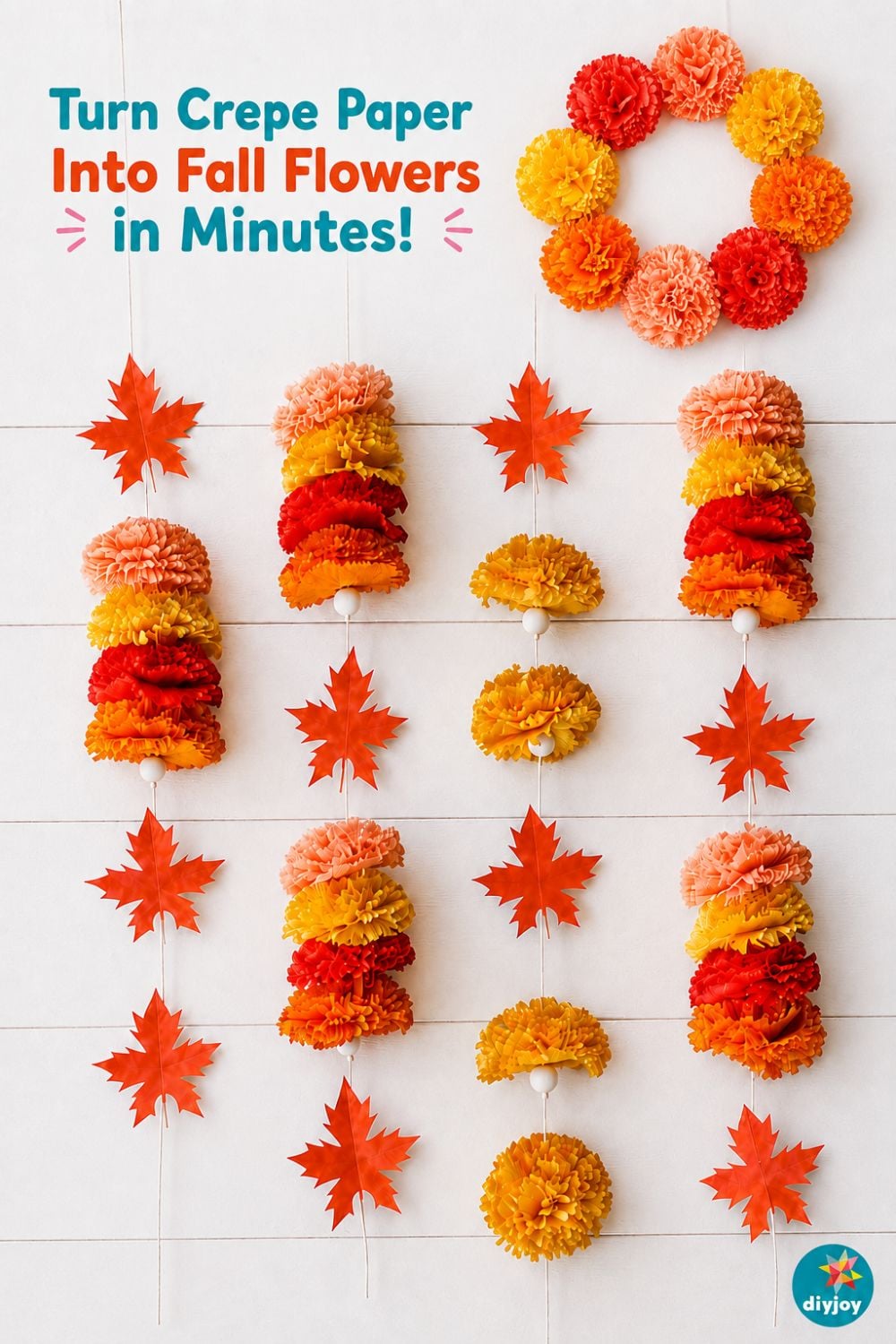 Fall Crafts - Turn Crepe Paper Into Fall Flowers pin graphic for marigold garland tutorial