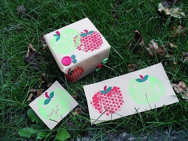 Creative fall project, fruit-season decorating idea and easy classroom project, focused on stamped fruit wrapping paper