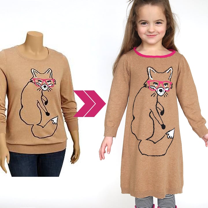 Adult tan fox print sweater beside the little girl's dress made from it, shown as a before and after