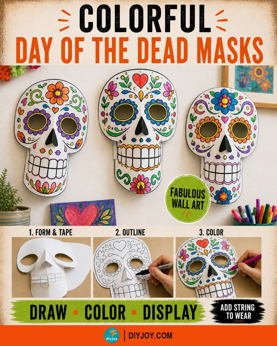 Day of the Dead masks made from paper, colorful sugar skull wall art with a step by step of drawing and coloring them in