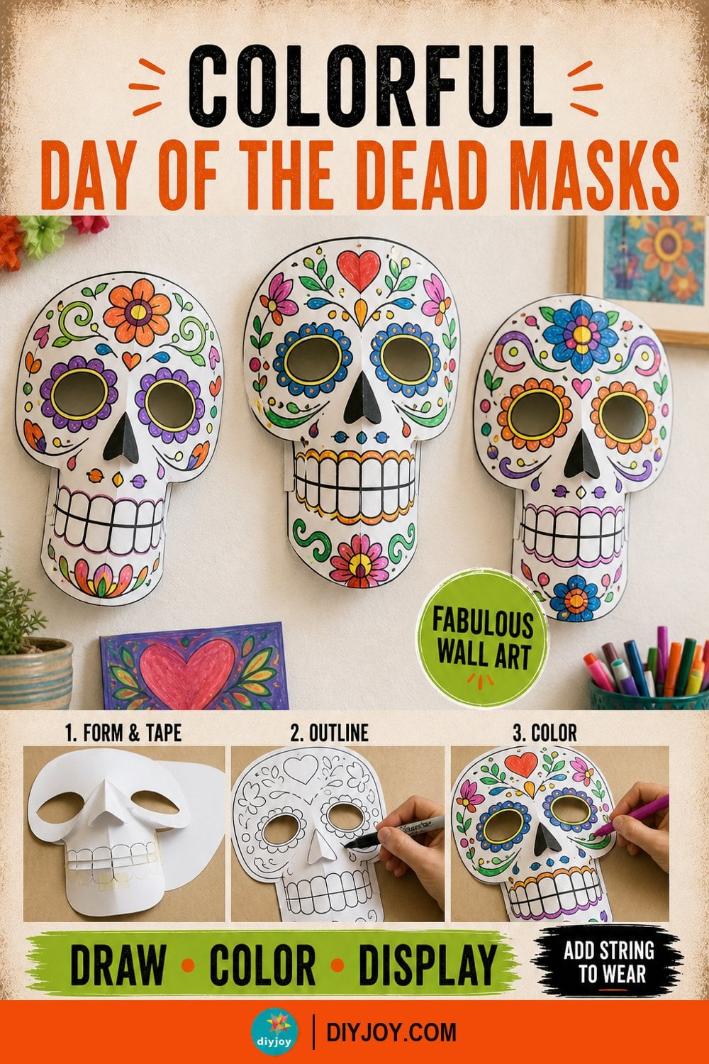 Easy Halloween crafts, three paper Day of the Dead masks colored in with markers and hung on a wall as bright folk art