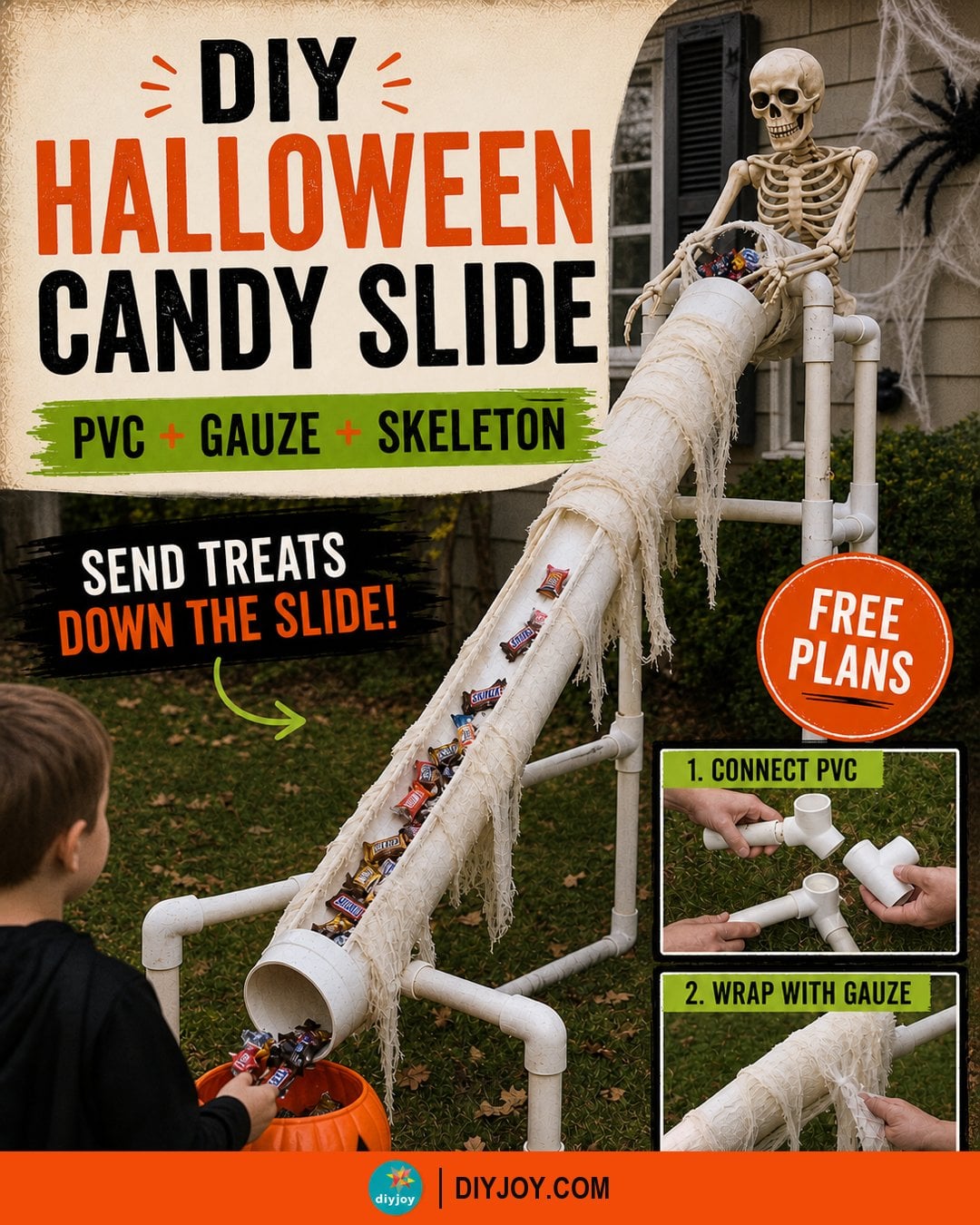 DIY Halloween yard decor, a homemade PVC candy chute wrapped in gauze sending treats down into a trick or treat pumpkin