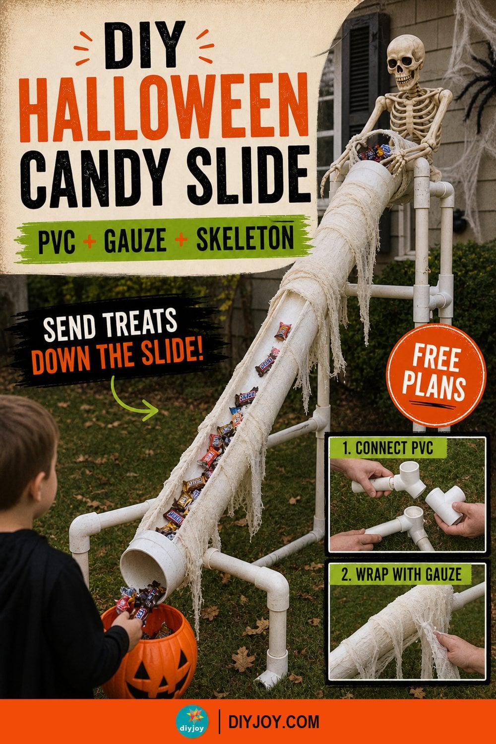 Halloween decorations DIY candy slide built from PVC pipe wrapped in gauze with a skeleton dropping candy down to a kid