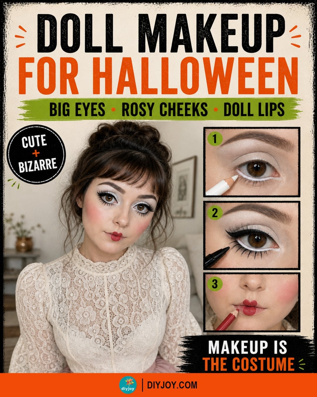 Easy Halloween costume idea, doll makeup step by step with white eyeliner, winged liner and drawn on lower lashes