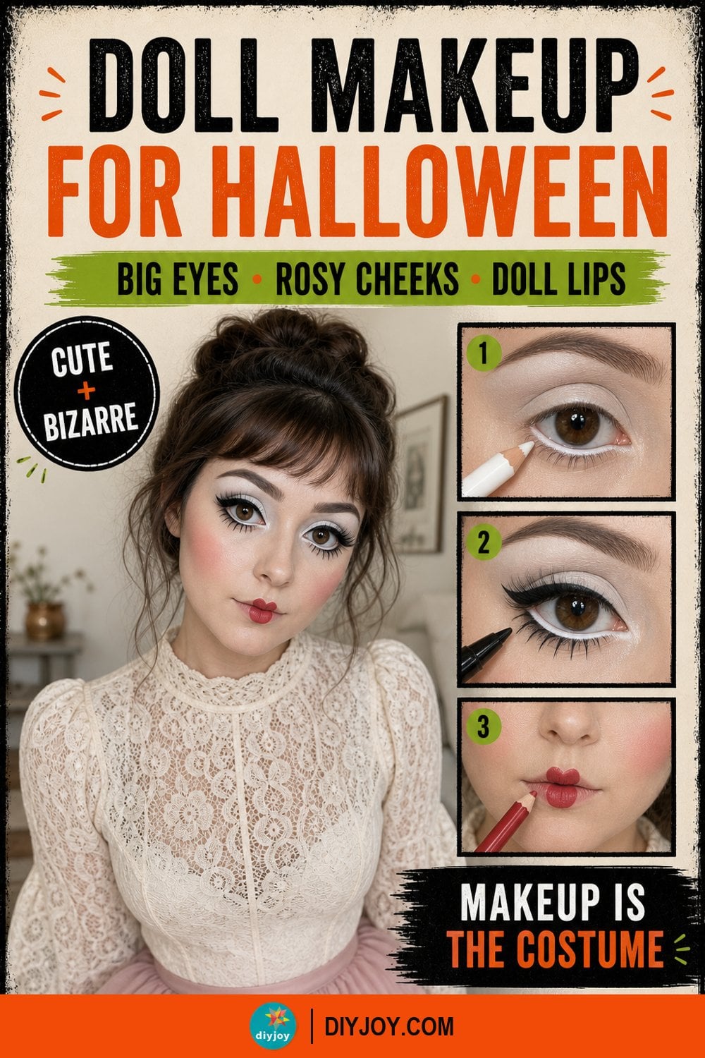 Halloween makeup ideas, a porcelain doll makeup look with big round eyes, rosy cheeks and small heart shaped red lips