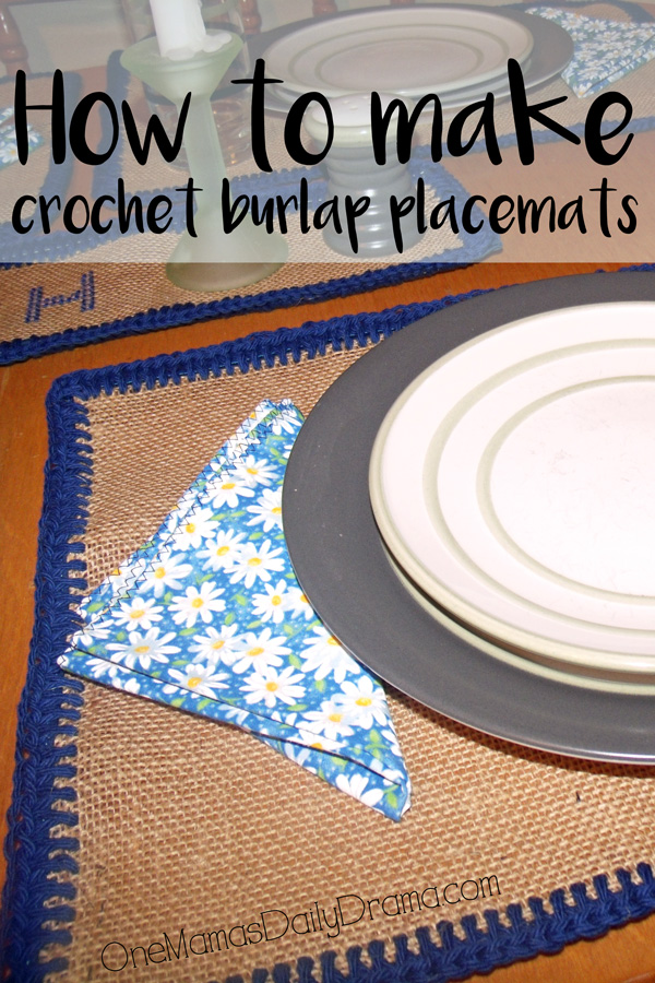 Burlap placemat with a crocheted blue border and matching folded napkin, a handmade DIY table setting craft