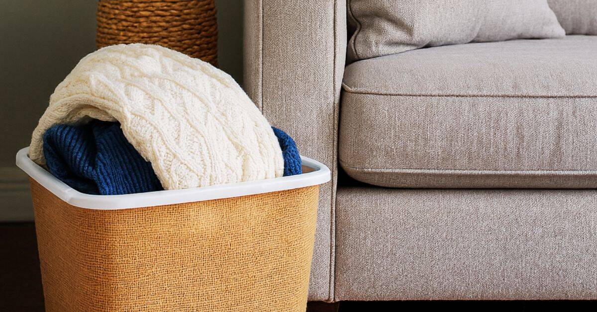 Burlap wrapped Dollar Tree storage bin holding folded sweaters next to a sofa, an easy budget DIY organizer