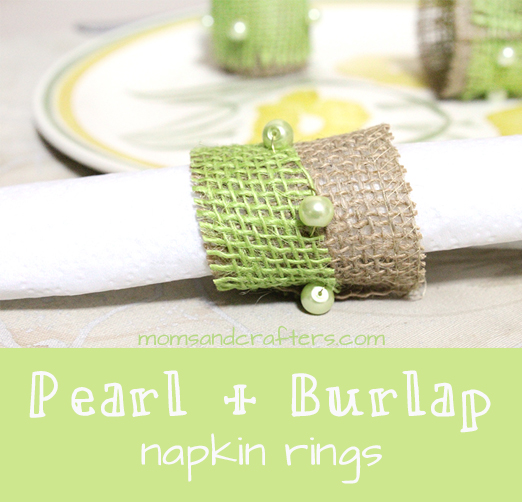 Pearl and burlap napkin ring with layered jute ribbon on a rolled white napkin, an easy DIY table setting craft