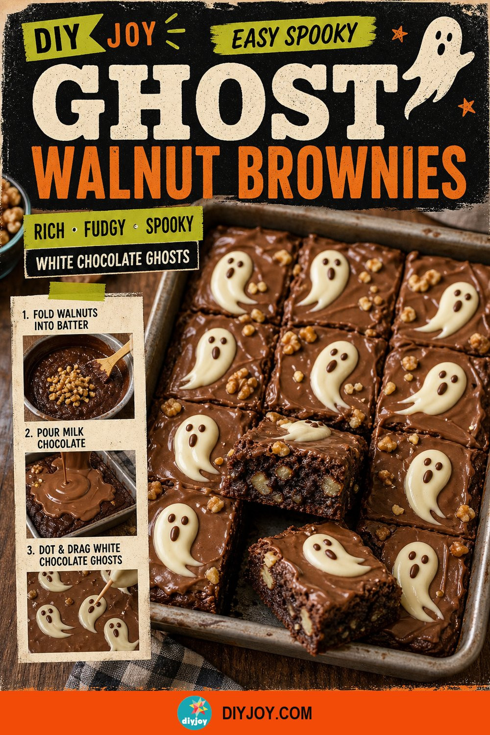 Easy spooky ghost walnut brownies topped with milk chocolate and white chocolate ghosts, rich fudgy Halloween dessert