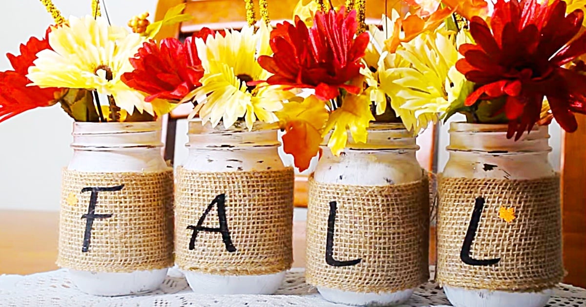 Mason Jar Projects for Fall Mason Jar and Burlap Fall Centerpiece Rustic Autumn Decor