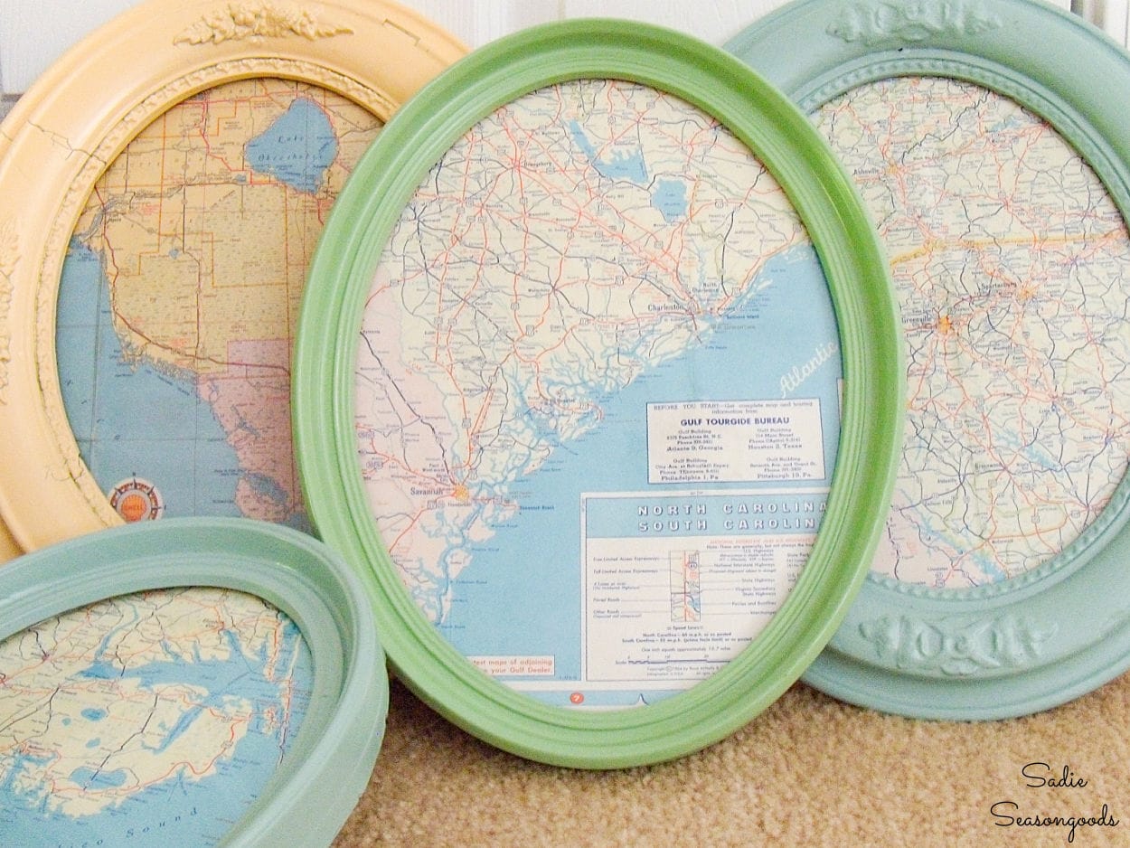 DIY Ideas With Shoe Boxes | map covered picture frame, oval antique frame with vintage road map wall decor