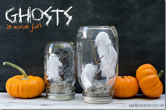 Easy Halloween decoration idea with homemade party accent and easy seasonal DIY, focused on the finished ghosts in mason jars