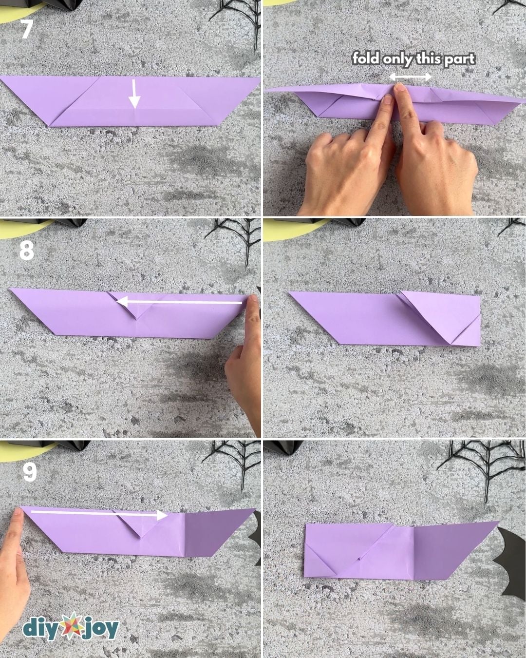 Easy Halloween paper craft step 3, folding the tip toward the bottom edge