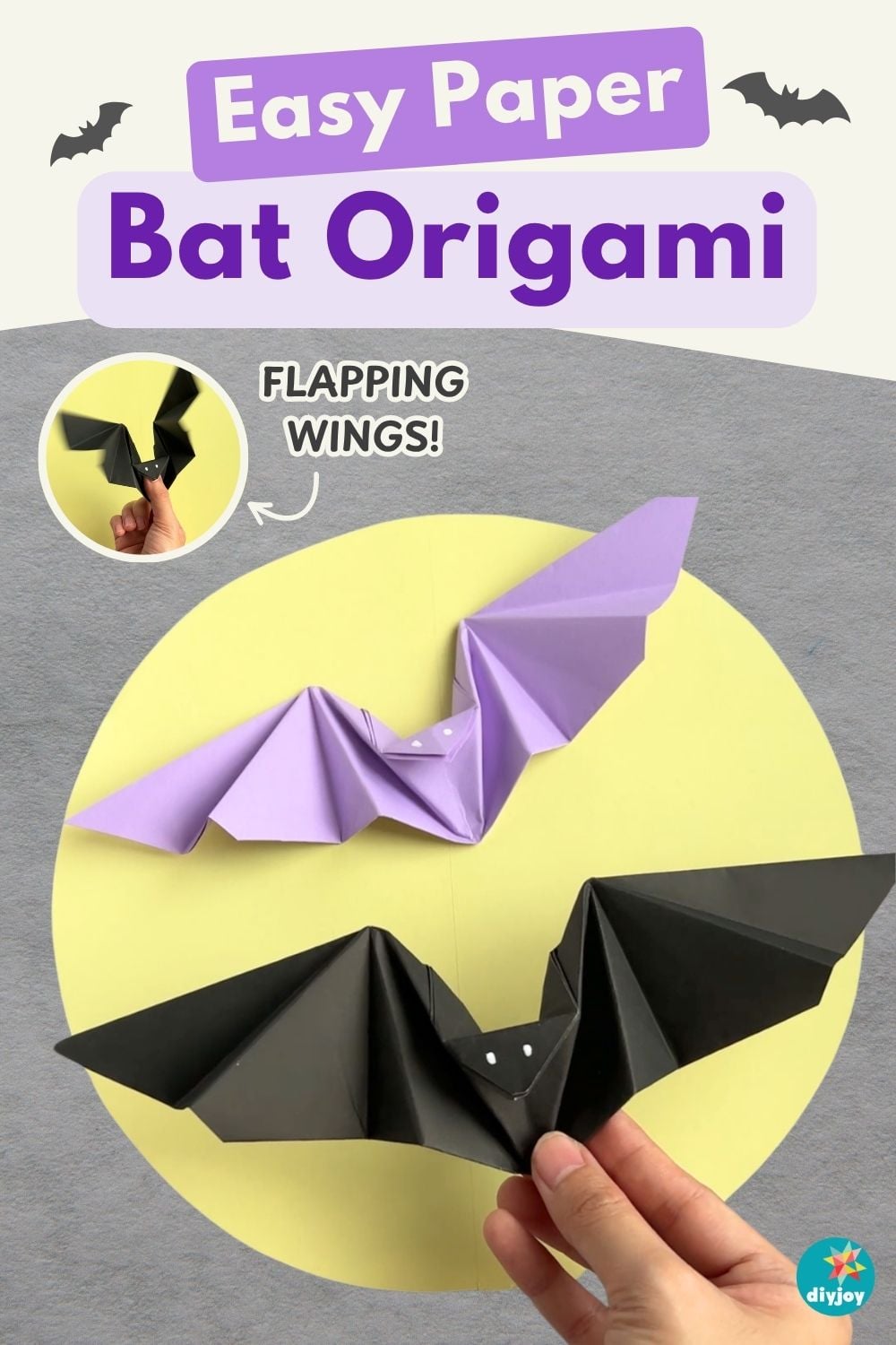 Easy Halloween paper bats origami tutorial with flapping wings, step by step