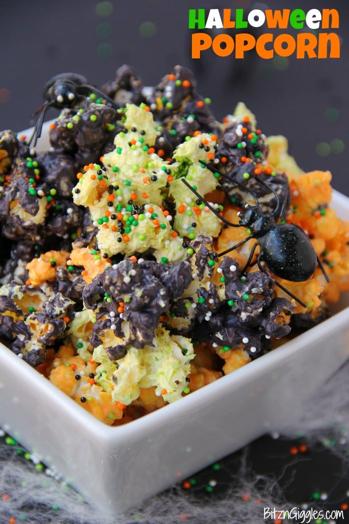 Halloween party food, simple make-ahead option and dessert-table favorite, showing incredible candy coated Halloween popcorn