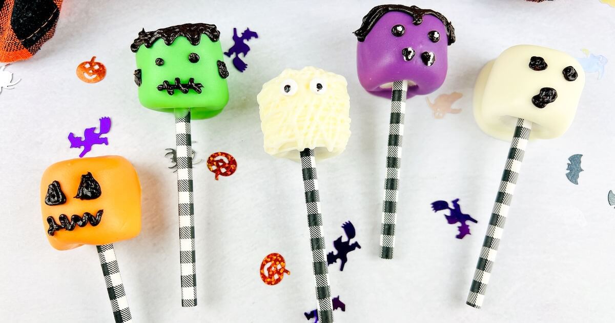 Halloween party food, simple make-ahead option and dessert-table favorite, showing Halloween marshmallow pops