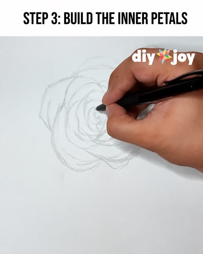 How to draw a rose - building the inner petals around the spiral center