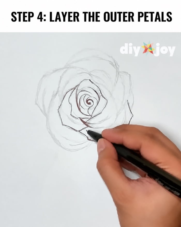 How to draw a rose - layering fuller outer petals on the pencil drawing