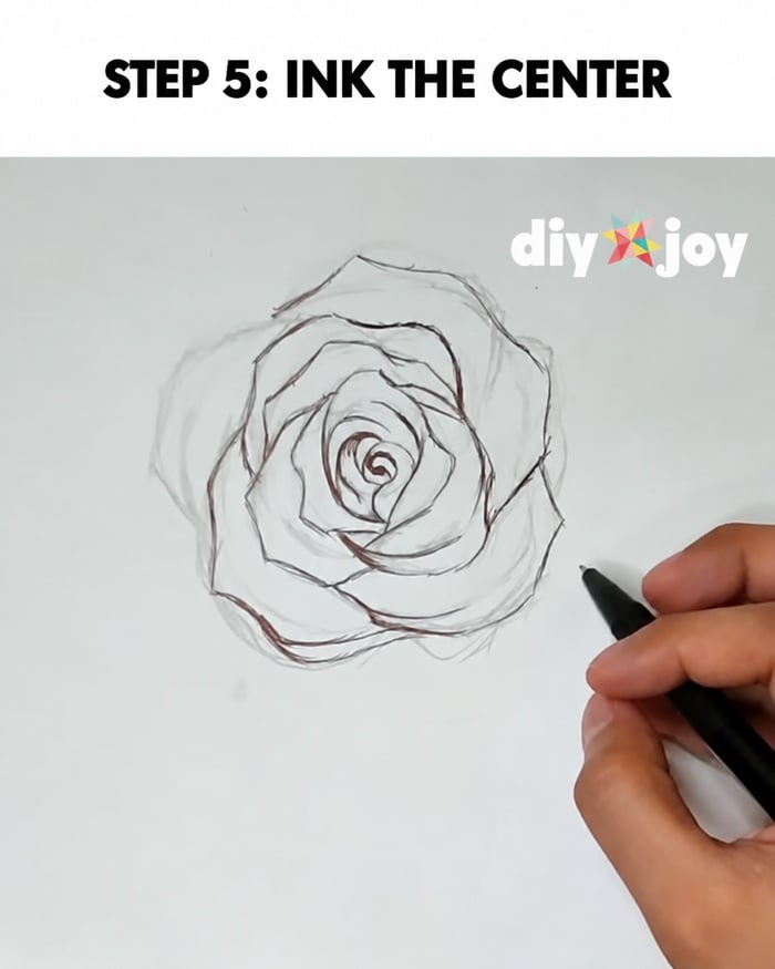 How to draw a rose - inking the center of the flower with a black pen