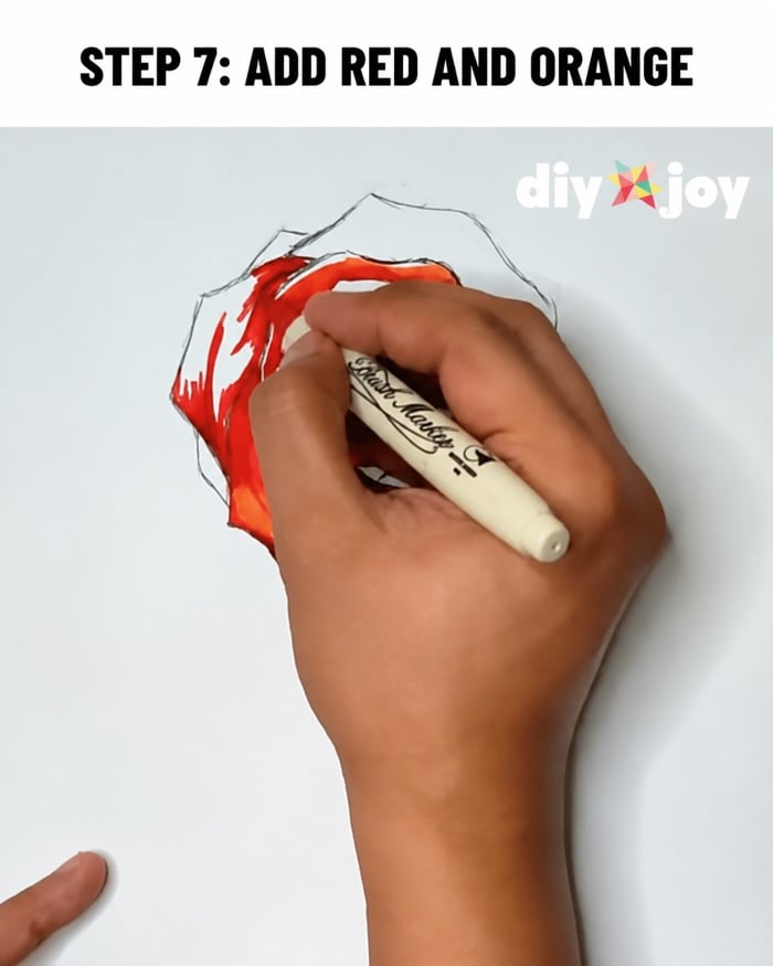 How to draw a rose - coloring the petals with red and orange markers