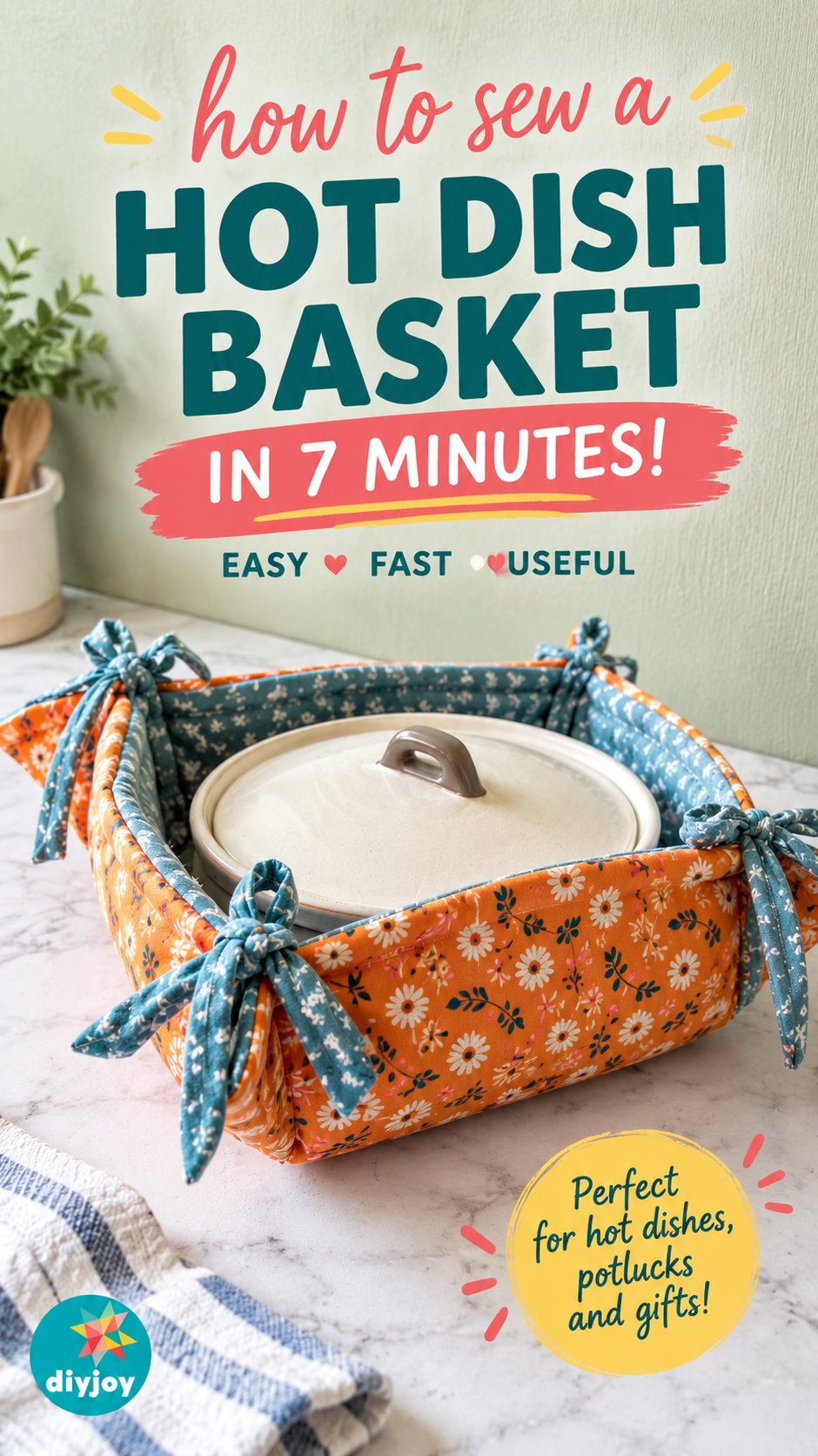 How to Sew a Hot Dish Basket - fabric casserole carrier holding a covered dish