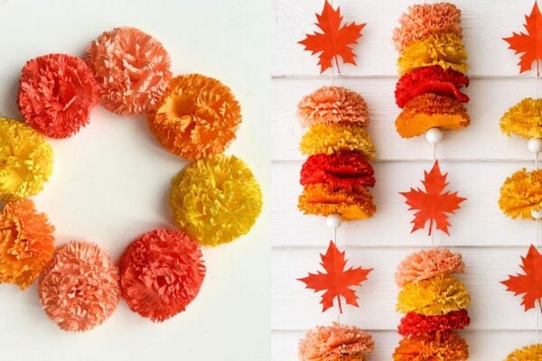 Paper Flowers - crepe paper marigold flowers arranged into a fall wreath and hanging garland