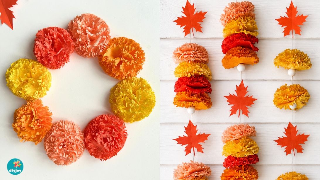 Paper Flowers - crepe paper marigold flowers arranged into a fall wreath and hanging garland