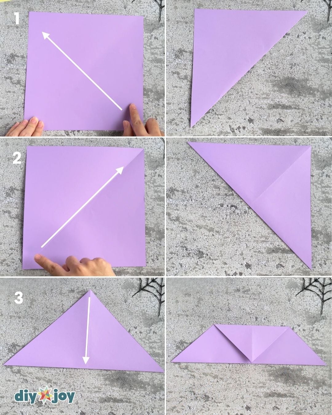Origami bat step 1, folding the paper square in half diagonally