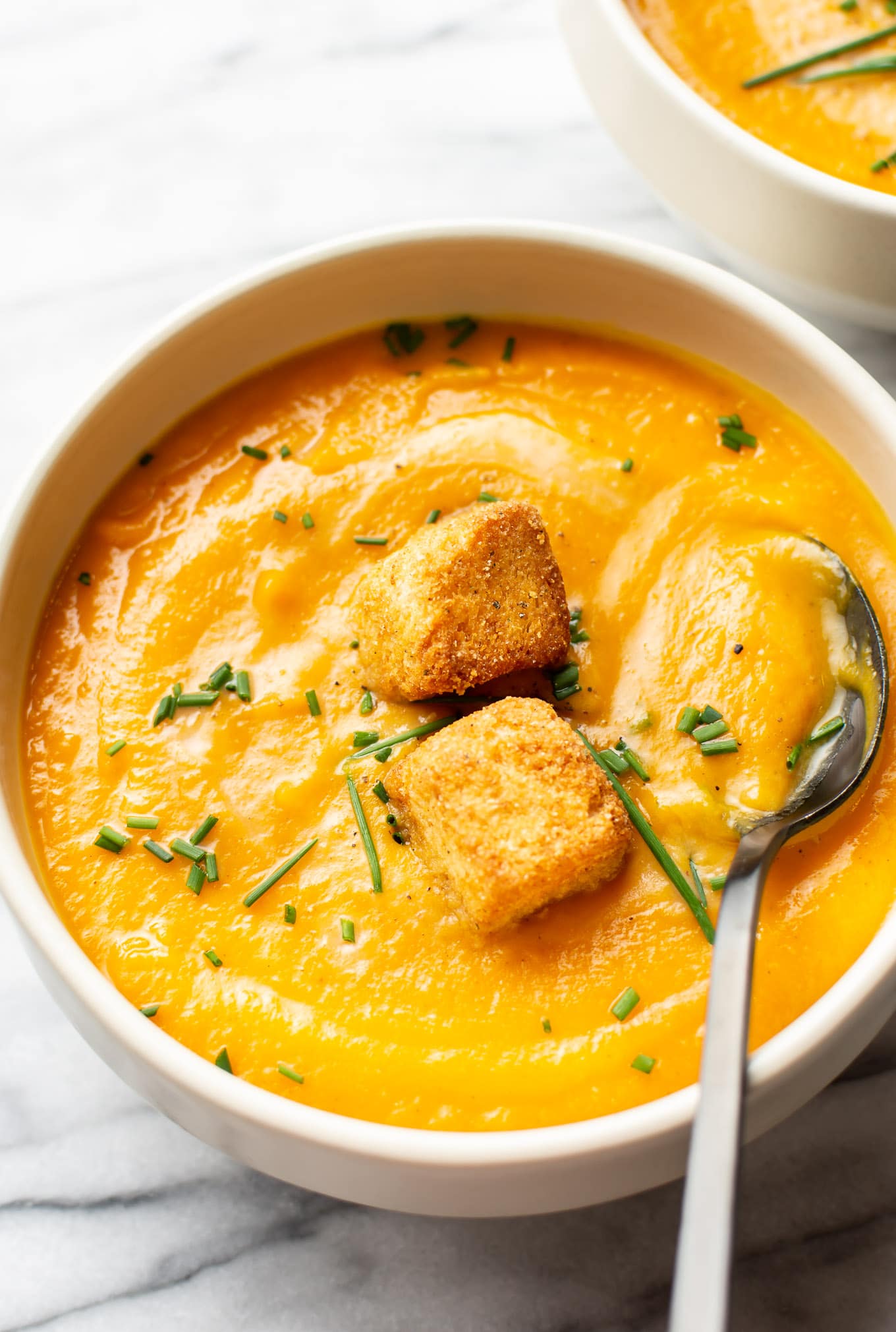 Silky pureed soup with roasted butternut squash, sweet potato and carrot
