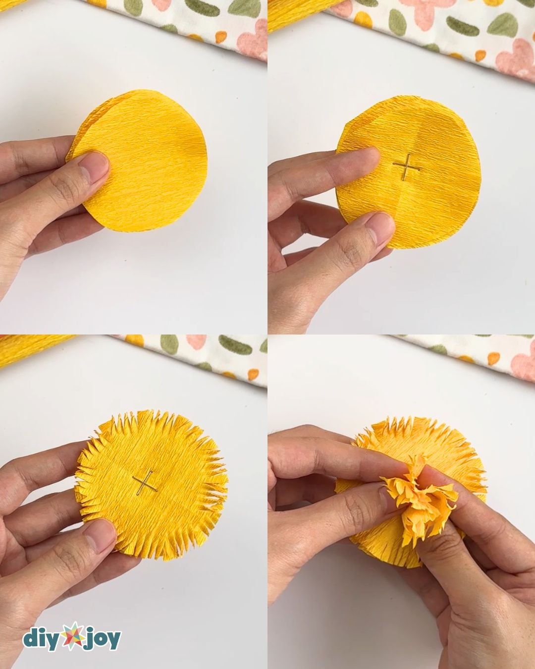 DIY Paper Flowers - stacking and fringing crepe paper circles to start a marigold