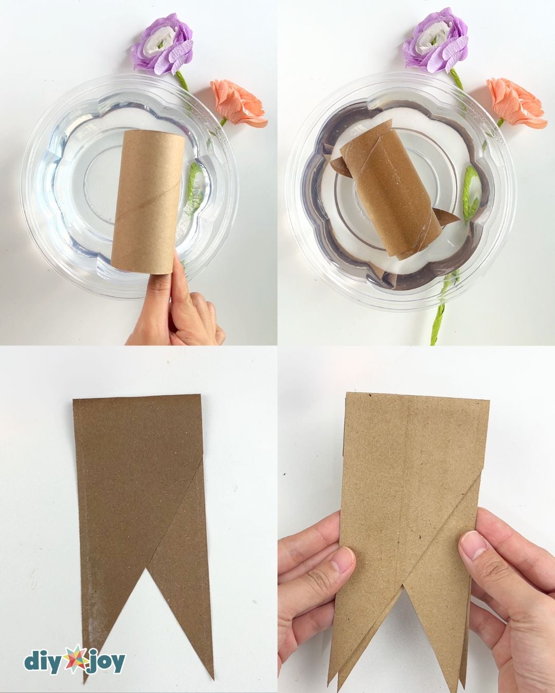 Step 1 of the Halloween banner tutorial - soaking and folding toilet paper tubes into flat bunting pieces