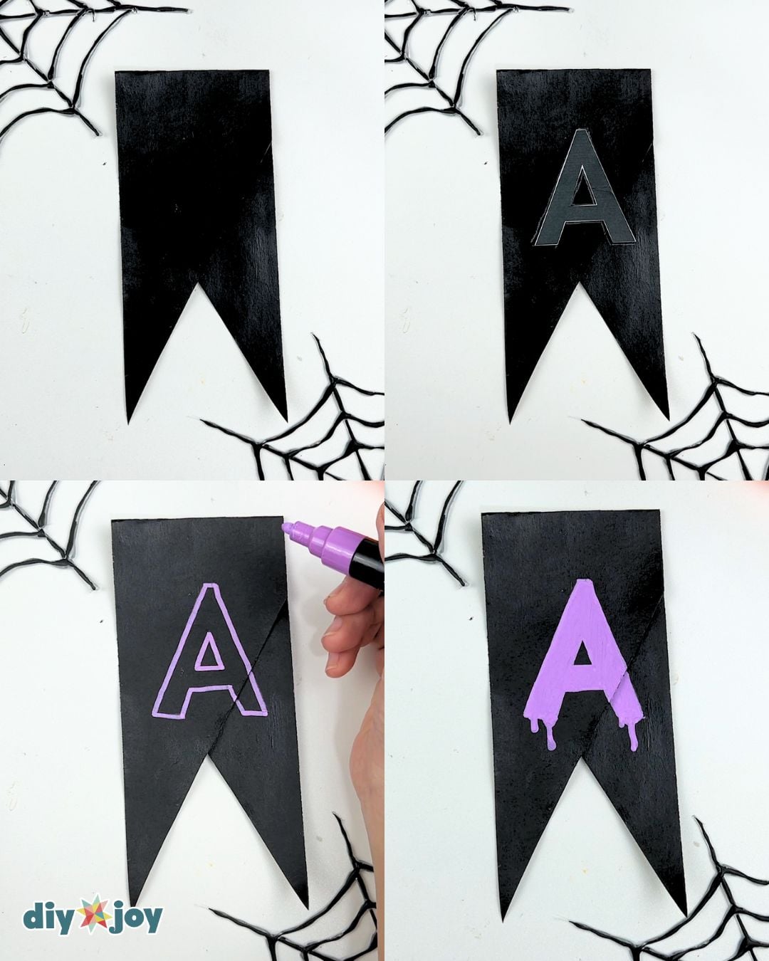 Step 2 of the Halloween banner tutorial - painting the pieces black and lettering happy with a purple acrylic marker