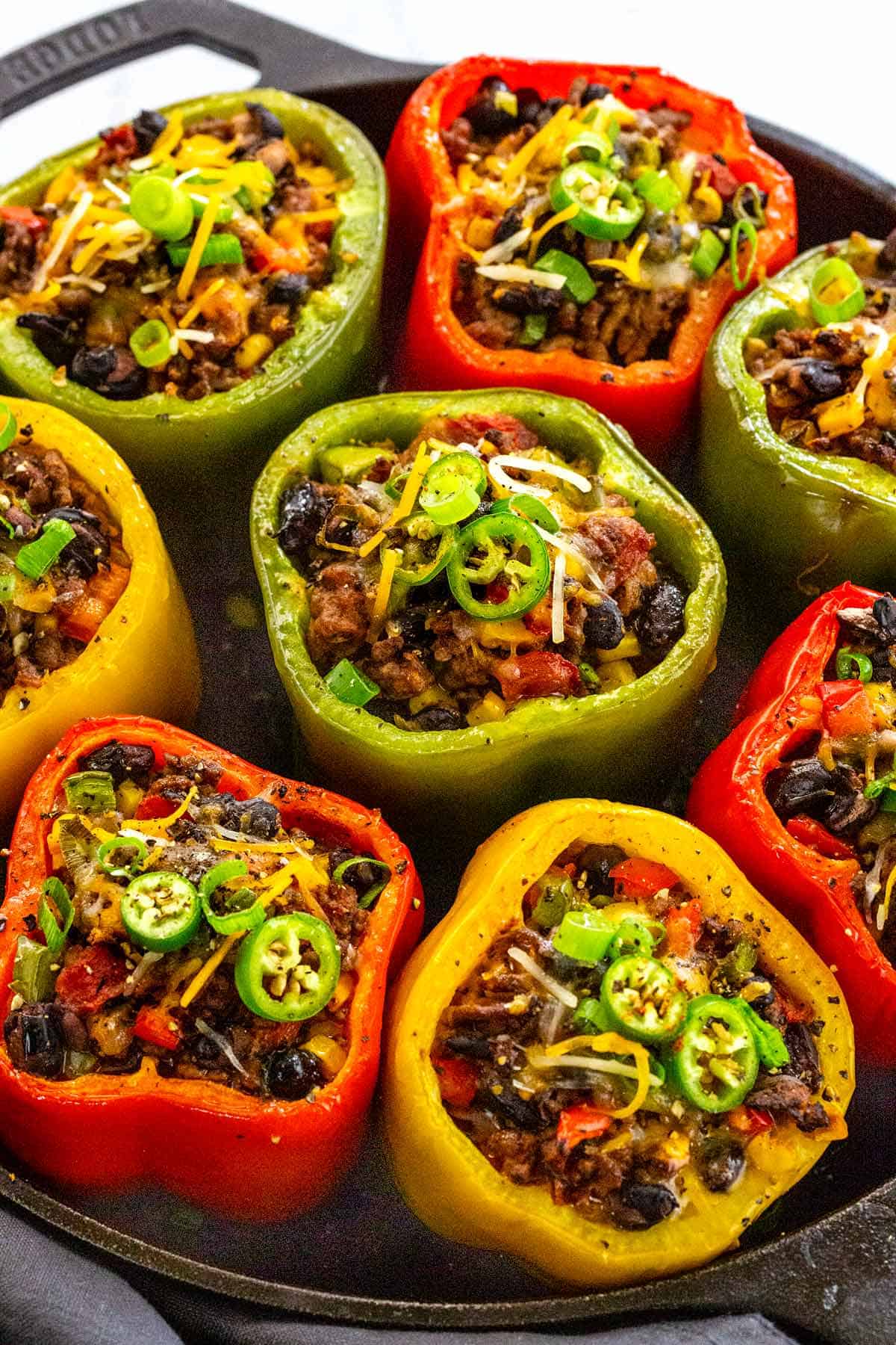 Stuffed bell peppers with ground beef, rice and cheese, healthy dinner recipe