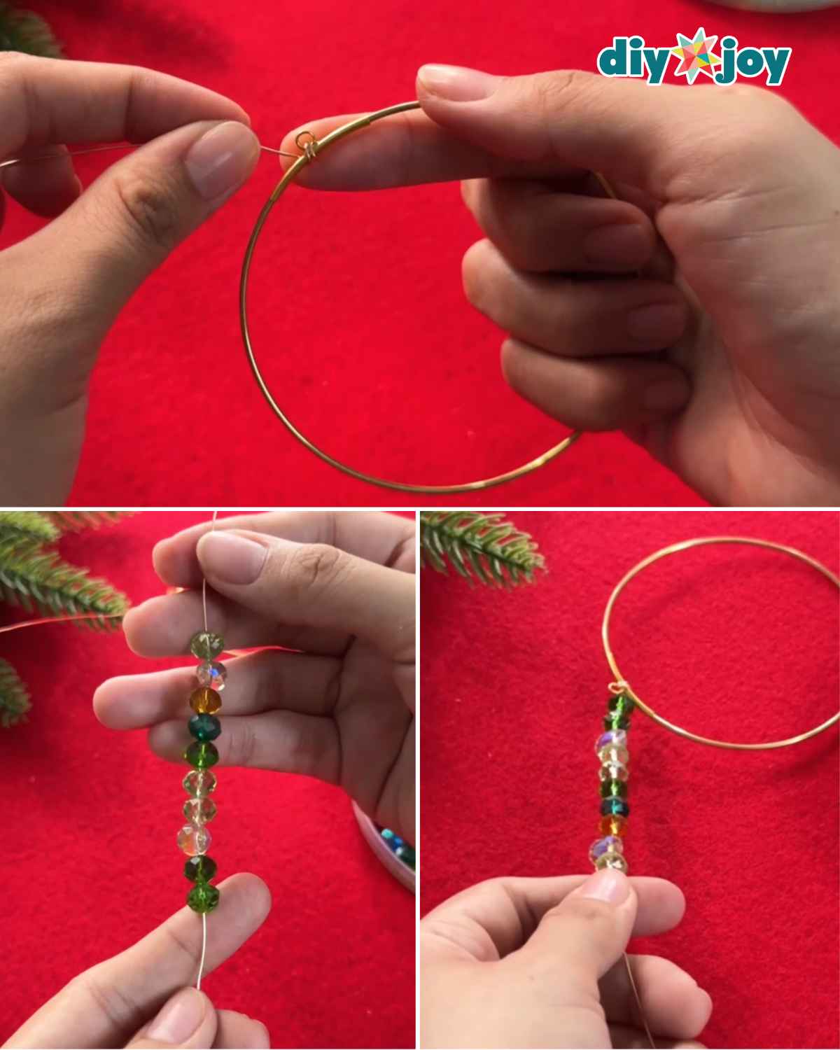 Hands anchor jewelry wire to a metal ring, string faceted crystal beads and slide the first beads toward the base