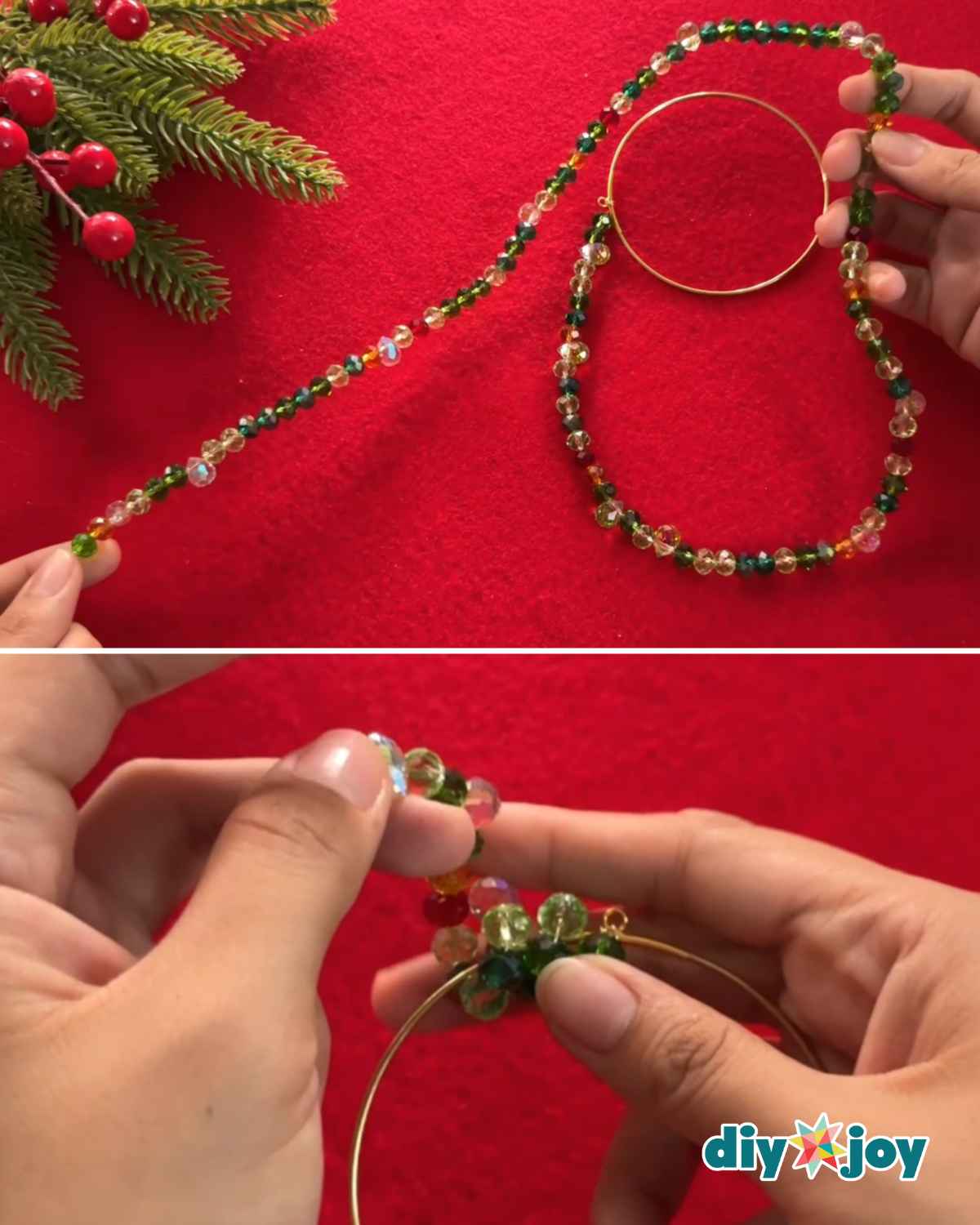 Long strand of green and clear crystal beads being wrapped tightly around a round gold metal ornament ring