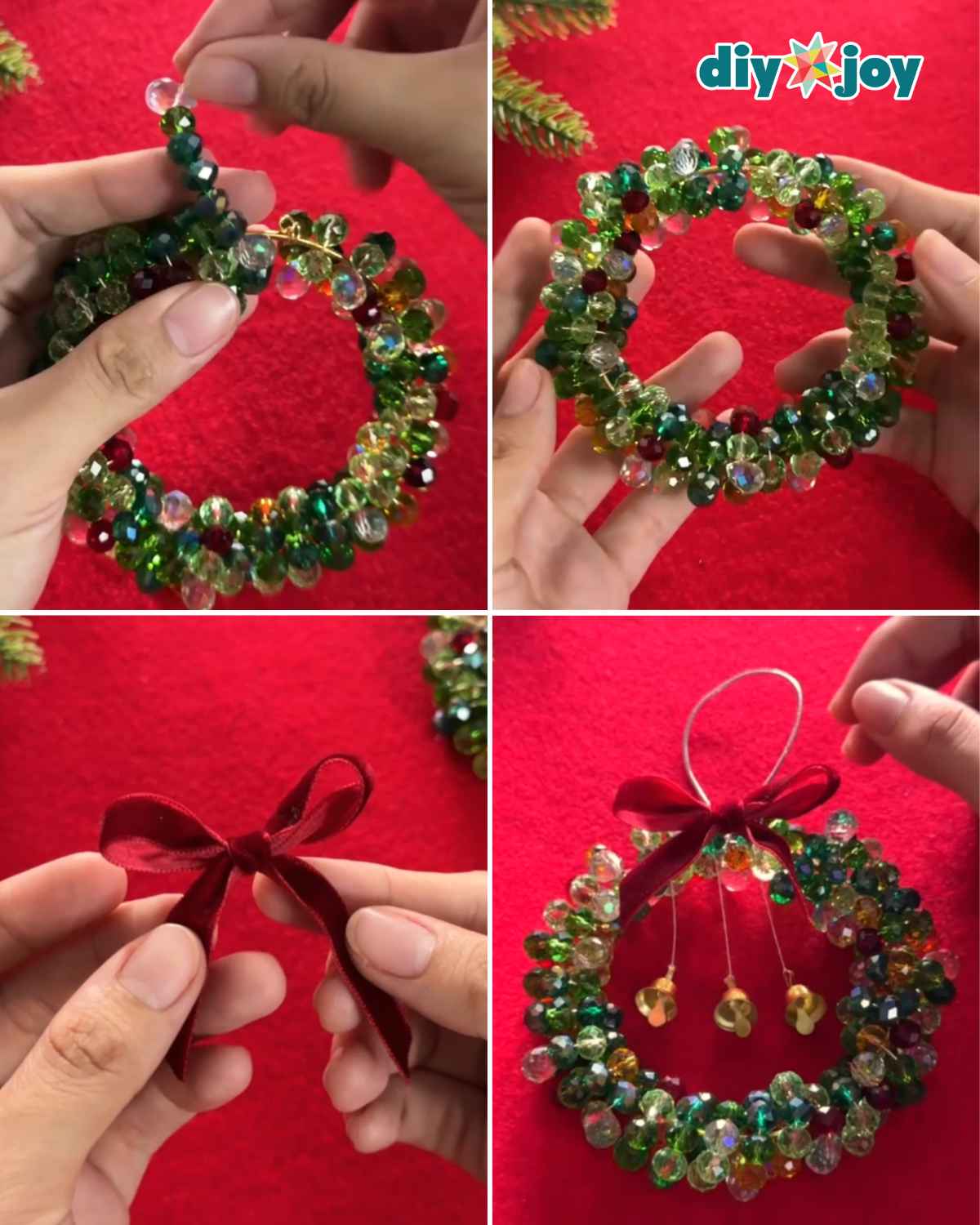 Hands secure the last beads, shape a red velvet bow and add three gold bells to finish the wreath ornament